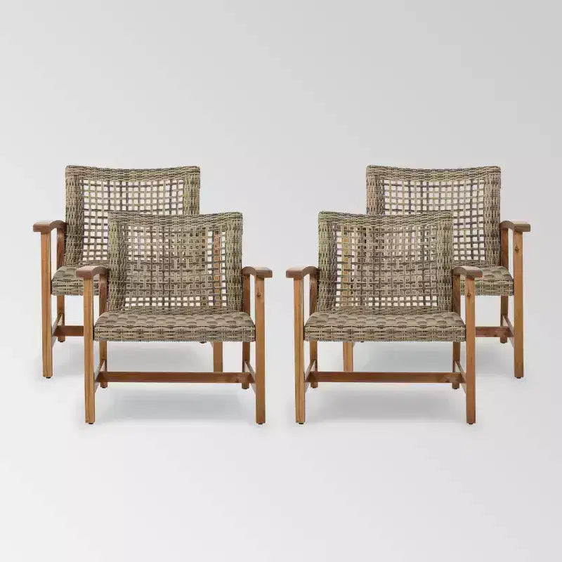 Hampton 4pk Wicker Mid-Century Club Chairs: Acacia Wood & Iron Frame - Christopher Knight Home