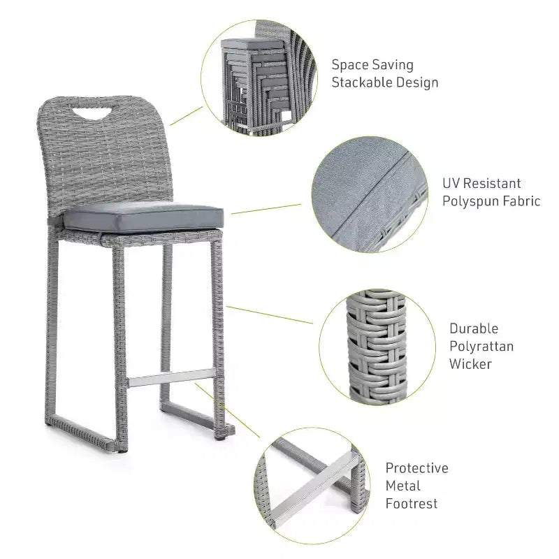 Greemotion Chaises de bar d'extérieur empilables sans accoudoirs Cyprus 6 pièces, grises : Résistantes aux UV, tout temps, cadre en aluminium