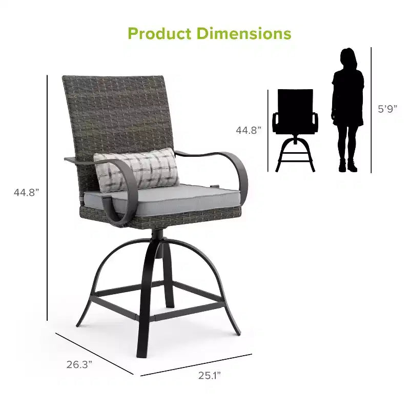 Greemotion Lot de 2 tabourets de bar pivotants d'extérieur Arosa en acier avec coussins lombaires gris