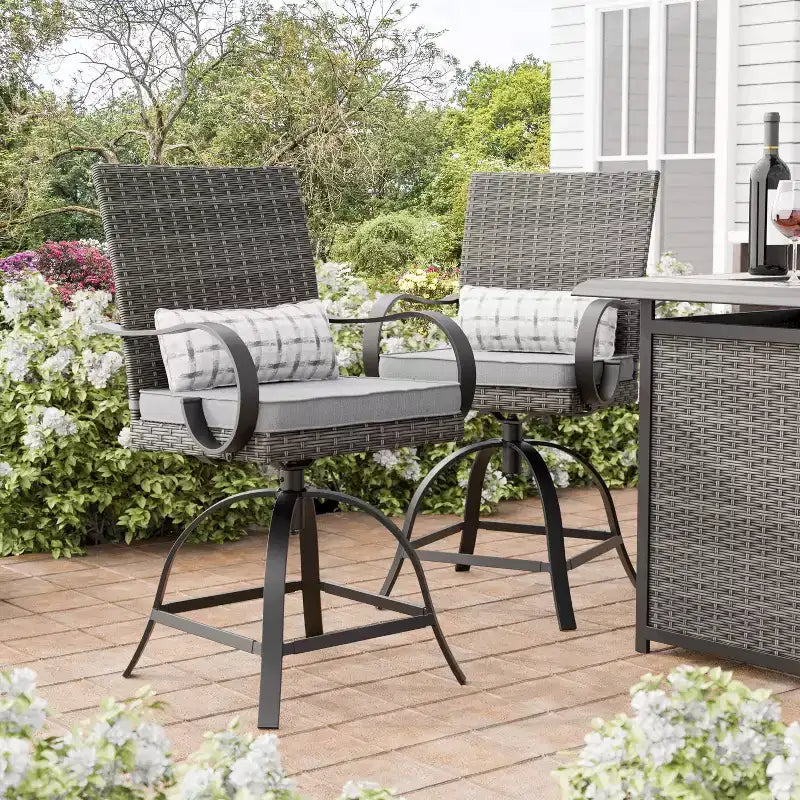 Greemotion Lot de 2 tabourets de bar pivotants d'extérieur Arosa en acier avec coussins lombaires gris