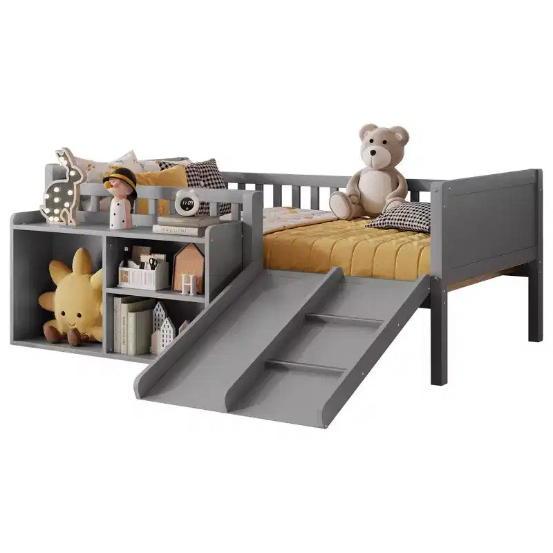 Lit superposé simple Whisen pour enfant avec toboggan, étagère de rangement mobile, balustrades, cadre de lit mezzanine bas