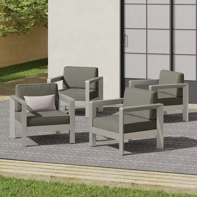 Christopher Knight Home Aviara Lot de 4 fauteuils de club d'extérieur en aluminium avec coussins, Argent/Kaki
