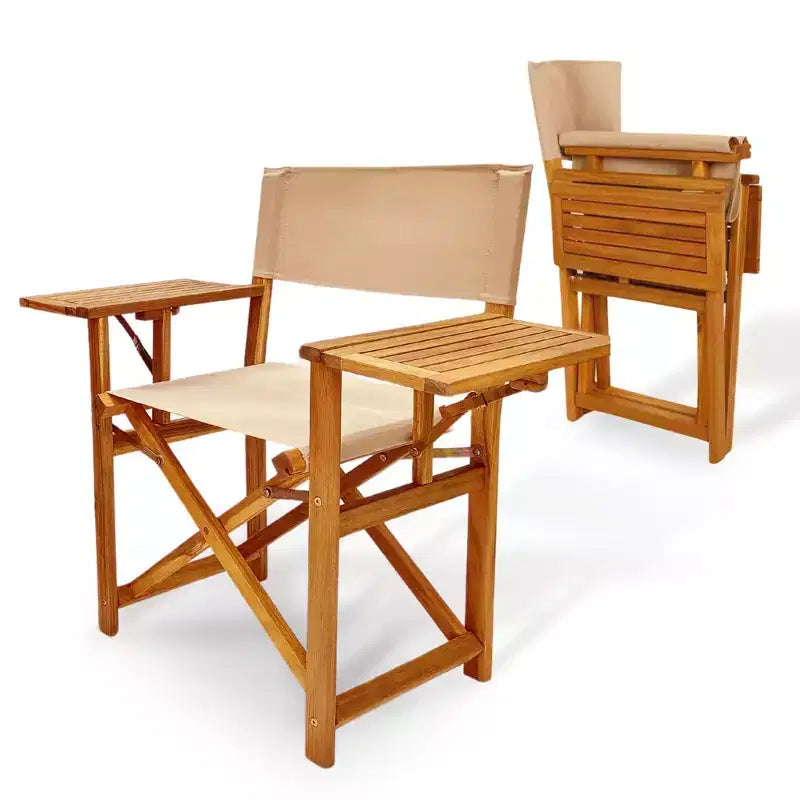 Chaise de metteur en scène pliante Aspect Living Walker avec tables d'appoint - Chaise en bois à finition naturelle, pour terrasse, piscine, jardin - Utilisation intérieure et extérieure