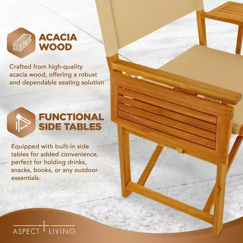 Chaise de metteur en scène pliante Aspect Living Walker avec tables d'appoint - Chaise en bois à finition naturelle, pour terrasse, piscine, jardin - Utilisation intérieure et extérieure