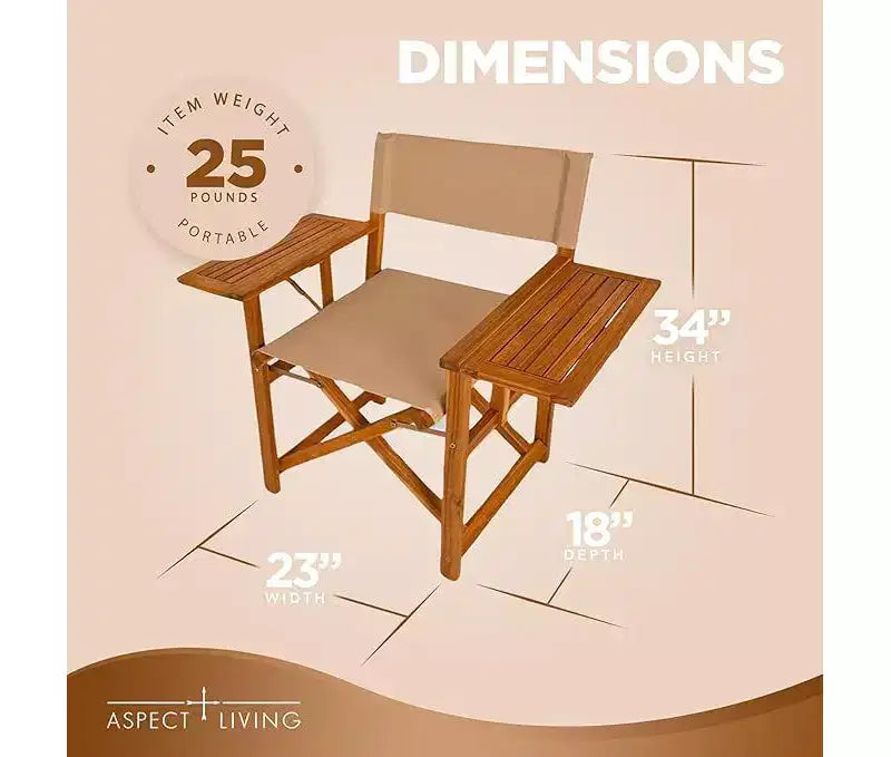Chaise de metteur en scène pliante Aspect Living Walker avec tables d'appoint - Chaise en bois à finition naturelle, pour terrasse, piscine, jardin - Utilisation intérieure et extérieure