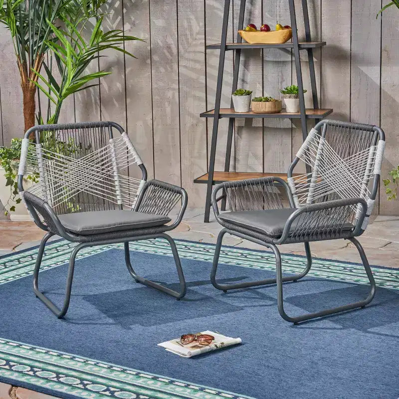 Christopher Knight Home Idaho - Fauteuils club d'extérieur en corde et acier avec coussin (lot de 2), gris/blanc