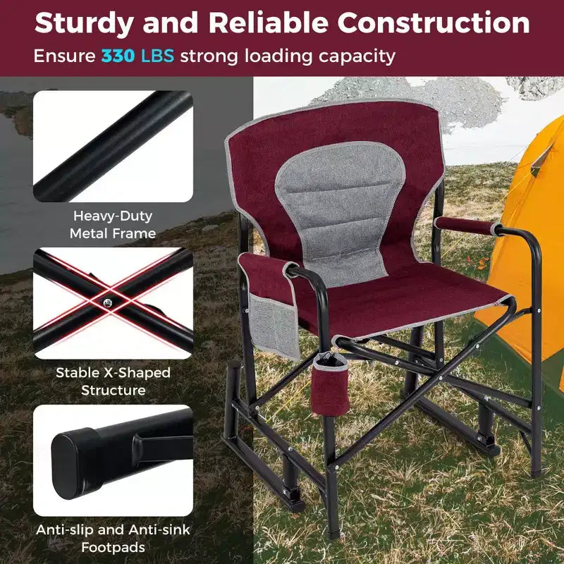 Chaise de camping à bascule Costway pour adultes avec double ressorts, dossier rembourré, noir/rouge