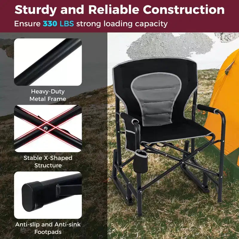 Chaise de camping à bascule Costway pour adultes avec double ressorts, dossier rembourré, noir/rouge