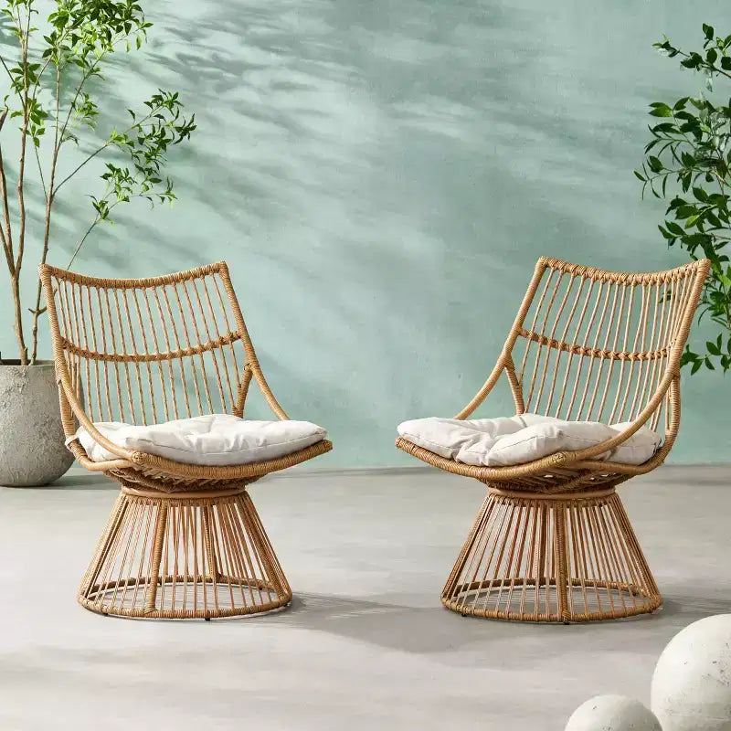 Fauteuil de club d'extérieur en osier bohémien GDFStudio Apulia avec coussins