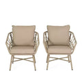 GDFStudio Colmar Outdoor Wicker and Iron Club Chairs with Cushions (Set of 2), Light Brown/Beige