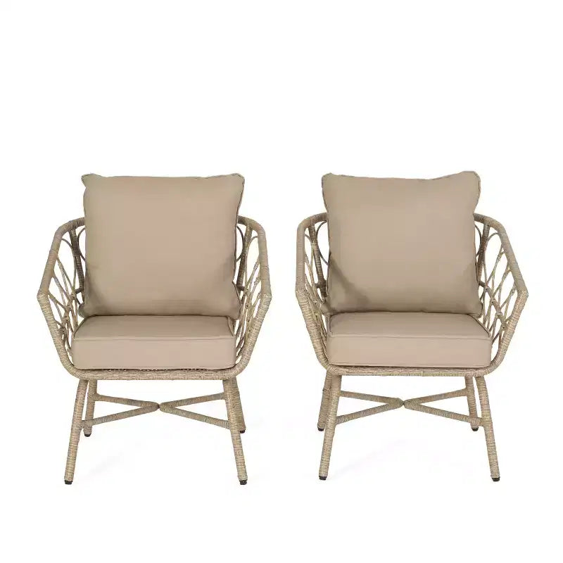 GDFStudio Colmar Outdoor Wicker and Iron Club Chairs with Cushions (Set of 2), Light Brown/Beige