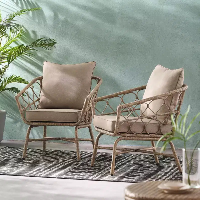 Fauteuils de jardin GDFStudio Colmar en osier et fer avec coussins (lot de 2), marron clair/beige