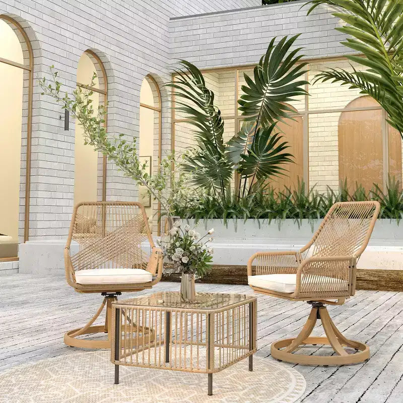 Outsunny Lot de 2 Chaises de Salle à Manger Pivotantes d'Extérieur en Rotin avec Coussins Moelleux et Cadre en Métal pour Jardin, Pelouse, Véranda, Kaki