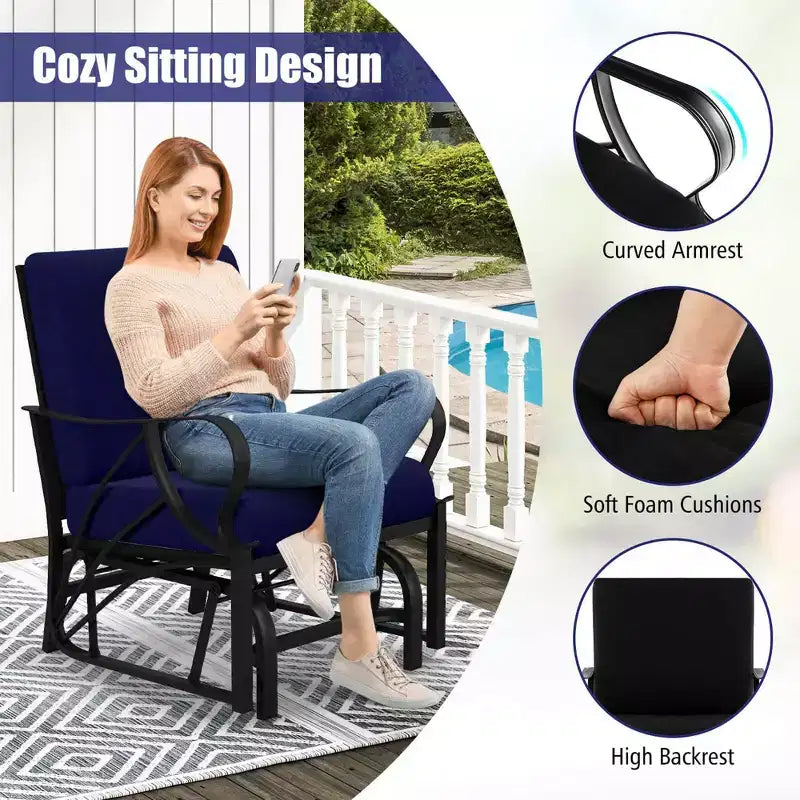 Costway 2 Chaises à Bascule de Patio avec Coussin Cadre Métallique Robuste Planeur Doux Extérieur Noir/Gris/Bleu Marine