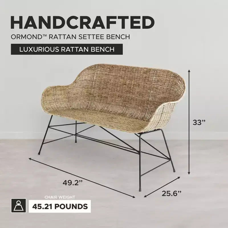 texxture Canapé Ormond en rotin tressé, Meuble d'appoint d'intérieur ou d'extérieur pour salle à manger ou cuisine, pour table ou porche, avec pieds en métal, Naturel