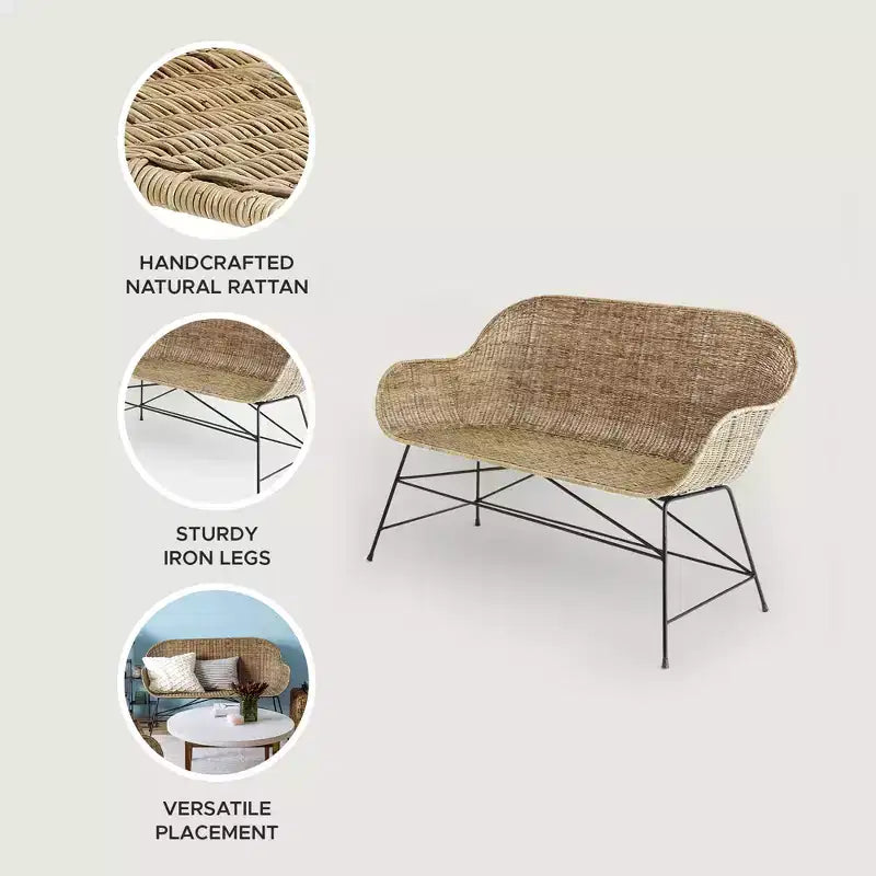 texxture Canapé Ormond en rotin tressé, Meuble d'appoint d'intérieur ou d'extérieur pour salle à manger ou cuisine, pour table ou porche, avec pieds en métal, Naturel