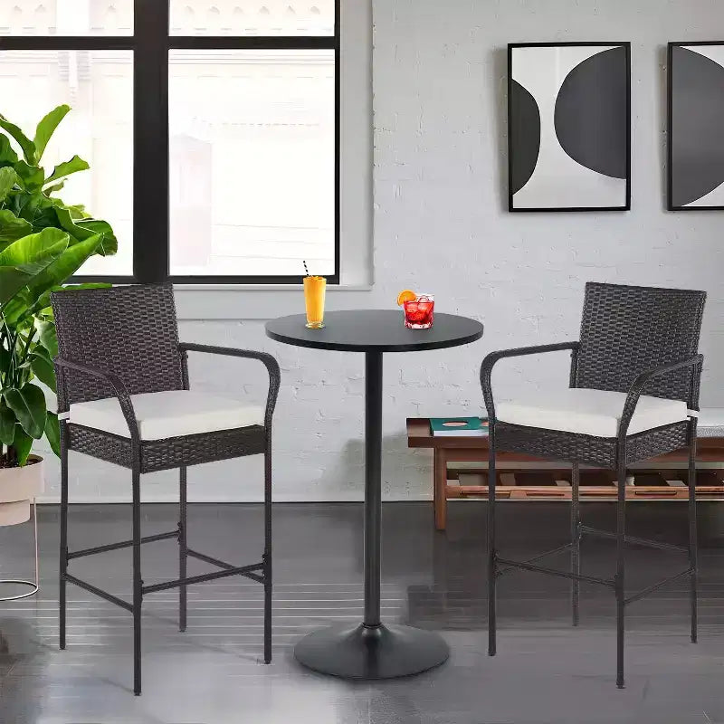 FDW Chaises de bar d'extérieur, tabourets de bar de terrasse, lot de 2, mobilier de jardin tout temps avec repose-pieds, accoudoirs et coussin, marron