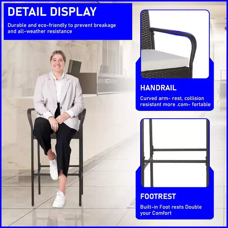 FDW Chaises de bar d'extérieur, tabourets de bar de terrasse, lot de 2, mobilier de jardin tout temps avec repose-pieds, accoudoirs et coussin, marron