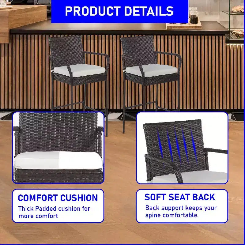 FDW Chaises de bar d'extérieur, tabourets de bar de terrasse, lot de 2, mobilier de jardin tout temps avec repose-pieds, accoudoirs et coussin, marron
