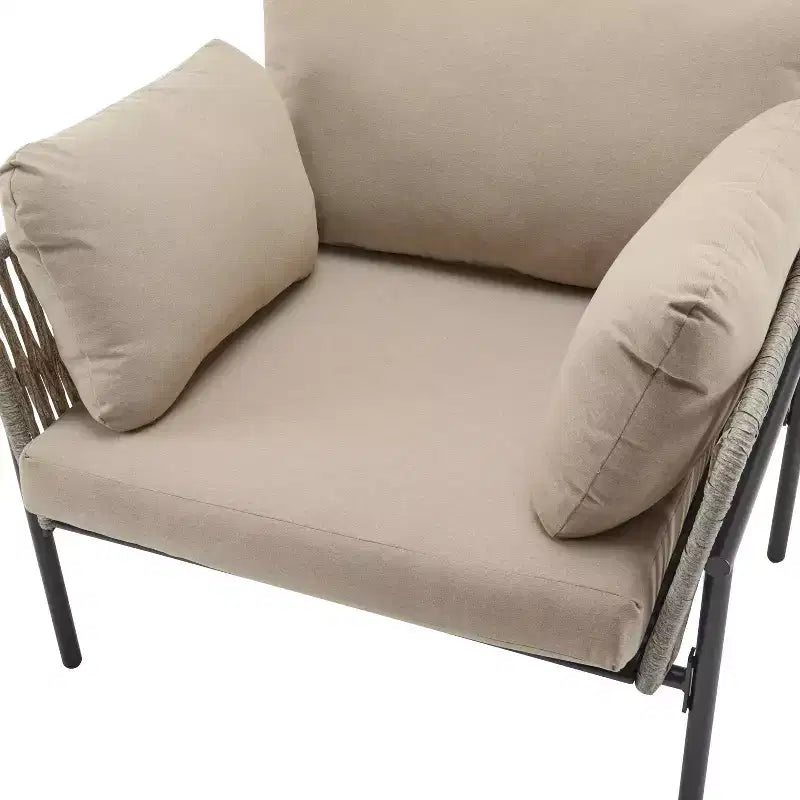 Fauteuil de salon/d'appoint de patio 36W avec coussins, oreillers et design élégant en corde tressée, Fer, Beige+Gris/Naturel-ModernLuxe