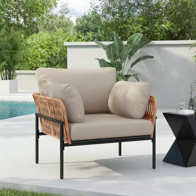 Fauteuil de salon/d'appoint de patio 36W avec coussins, oreillers et design élégant en corde tressée, Fer, Beige+Gris/Naturel-ModernLuxe