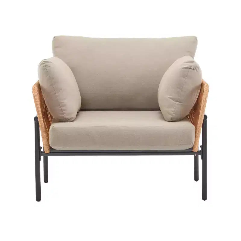 Fauteuil de salon/d'appoint de patio 36W avec coussins, oreillers et design élégant en corde tressée, Fer, Beige+Gris/Naturel-ModernLuxe