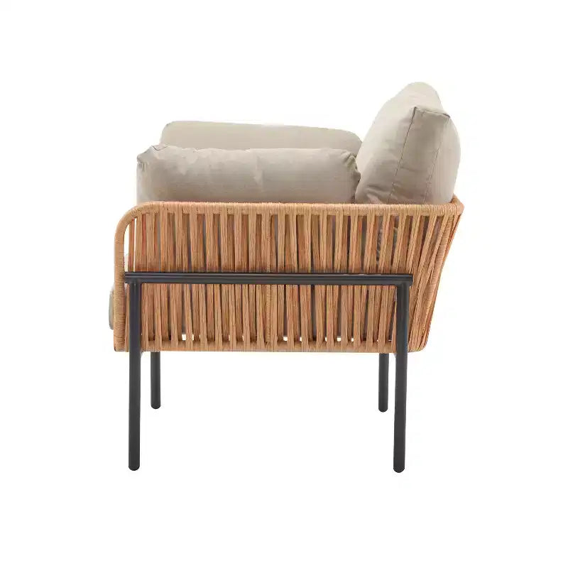 Fauteuil de salon/d'appoint de patio 36W avec coussins, oreillers et design élégant en corde tressée, Fer, Beige+Gris/Naturel-ModernLuxe