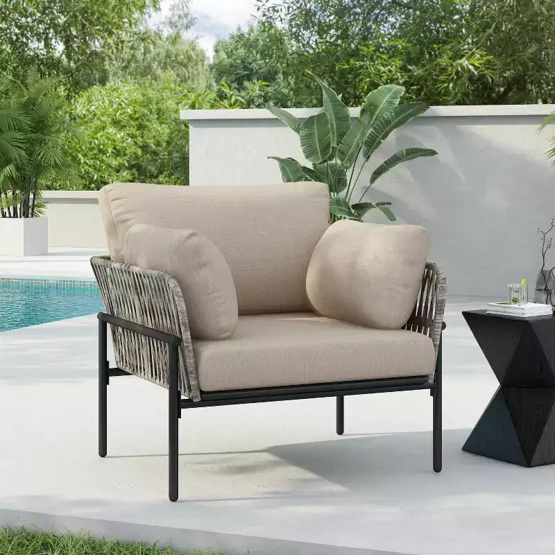 Fauteuil de salon/d'appoint de patio 36W avec coussins, oreillers et design élégant en corde tressée, Fer, Beige+Gris/Naturel-ModernLuxe