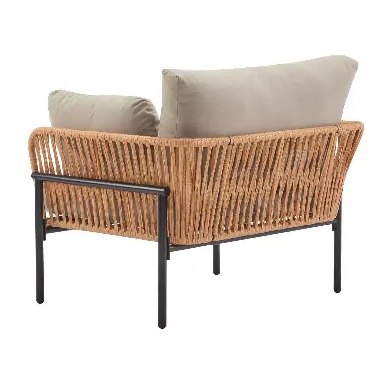 Fauteuil de salon/d'appoint de patio 36W avec coussins, oreillers et design élégant en corde tressée, Fer, Beige+Gris/Naturel-ModernLuxe