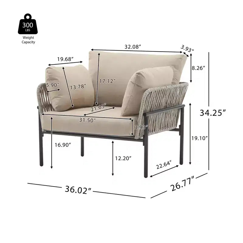 Fauteuil de salon/d'appoint de patio 36W avec coussins, oreillers et design élégant en corde tressée, Fer, Beige+Gris/Naturel-ModernLuxe