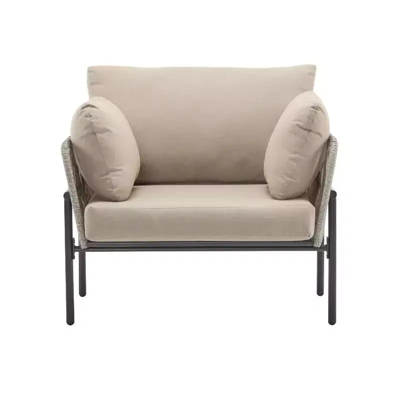 Fauteuil de salon/d'appoint de patio 36W avec coussins, oreillers et design élégant en corde tressée, Fer, Beige+Gris/Naturel-ModernLuxe