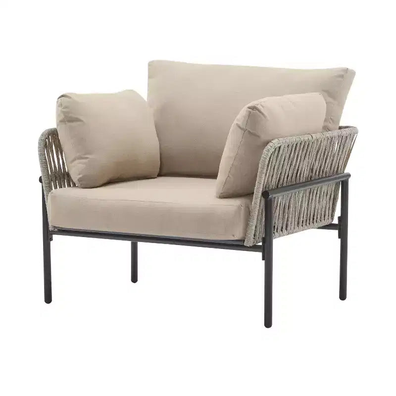 Fauteuil de salon/d'appoint de patio 36W avec coussins, oreillers et design élégant en corde tressée, Fer, Beige+Gris/Naturel-ModernLuxe