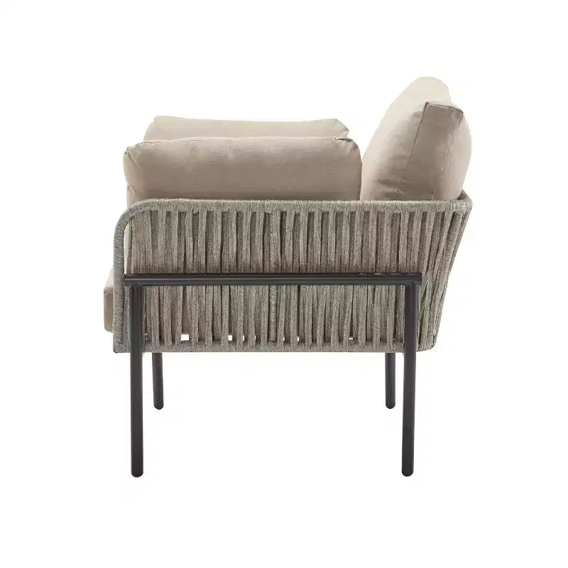 Fauteuil de salon/d'appoint de patio 36W avec coussins, oreillers et design élégant en corde tressée, Fer, Beige+Gris/Naturel-ModernLuxe