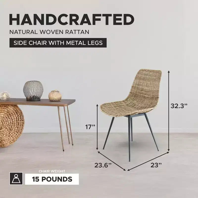 Chaise d'appoint en rotin tissé Ormond texxture, meuble d'appoint d'intérieur ou d'extérieur pour salle à manger ou cuisine pour table ou véranda avec pieds en métal, naturel