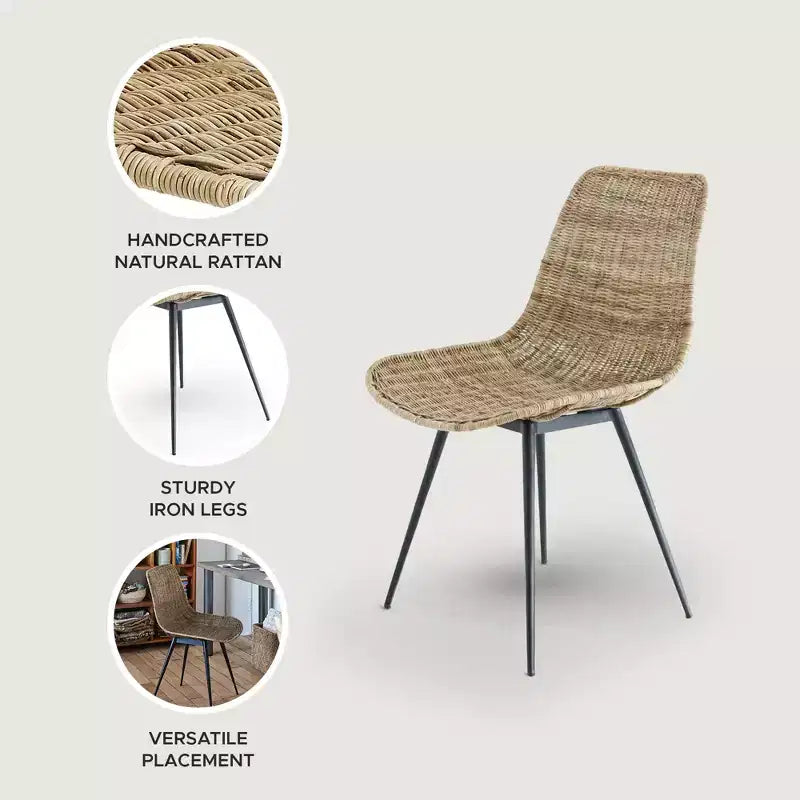 Chaise d'appoint en rotin tissé Ormond texxture, meuble d'appoint d'intérieur ou d'extérieur pour salle à manger ou cuisine pour table ou véranda avec pieds en métal, naturel