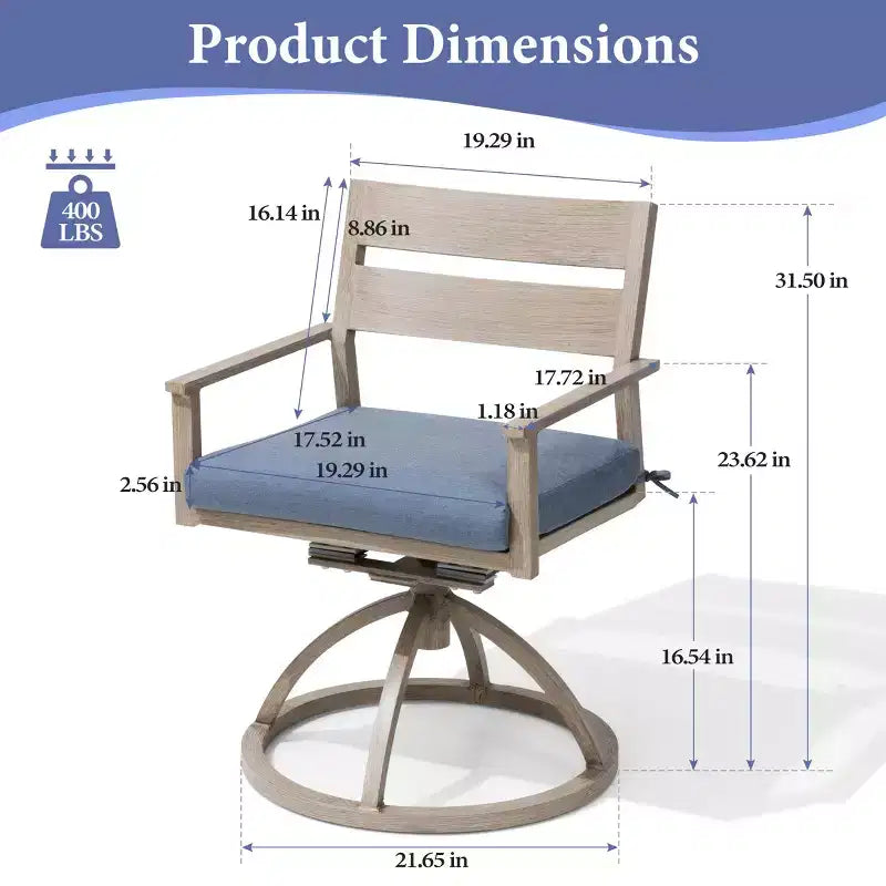Chaises de salle à manger d'extérieur pivotantes à 360° Crestlive Products Patio 2 pièces, cadre en aluminium, finition grain de bois avec coussin Sunbrella