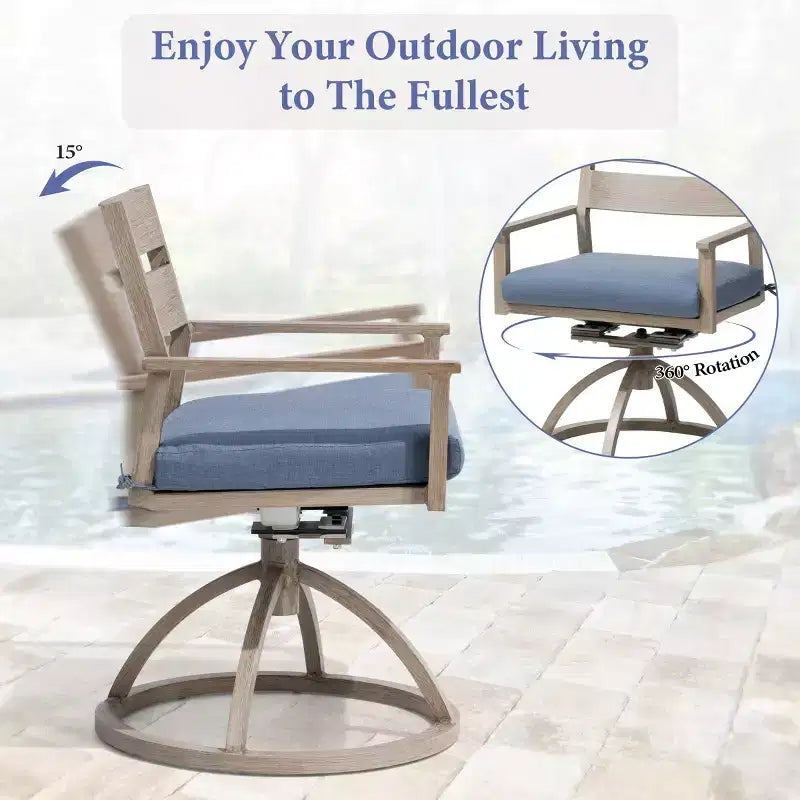 Chaises de salle à manger d'extérieur pivotantes à 360° Crestlive Products Patio 2 pièces, cadre en aluminium, finition grain de bois avec coussin Sunbrella