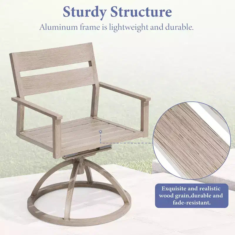 Chaises de salle à manger d'extérieur pivotantes à 360° Crestlive Products Patio 2 pièces, cadre en aluminium, finition grain de bois avec coussin Sunbrella