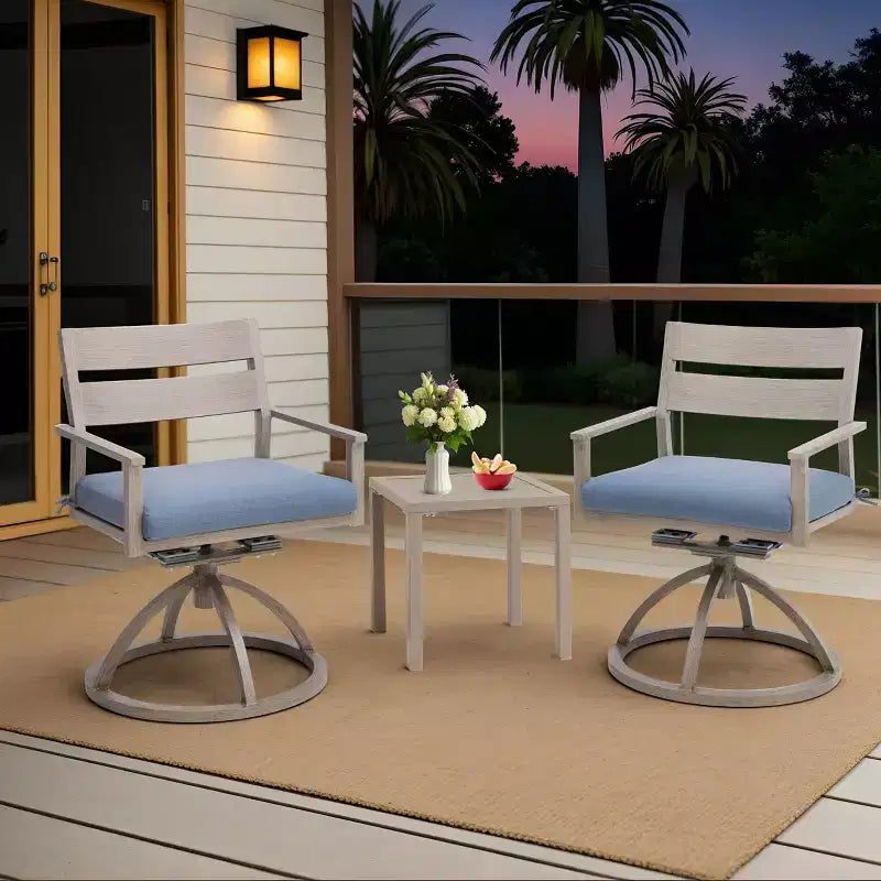 Chaises de salle à manger d'extérieur pivotantes à 360° Crestlive Products Patio 2 pièces, cadre en aluminium, finition grain de bois avec coussin Sunbrella