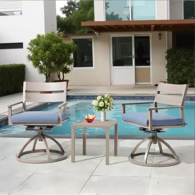 Chaises de salle à manger d'extérieur pivotantes à 360° Crestlive Products Patio 2 pièces, cadre en aluminium, finition grain de bois avec coussin Sunbrella