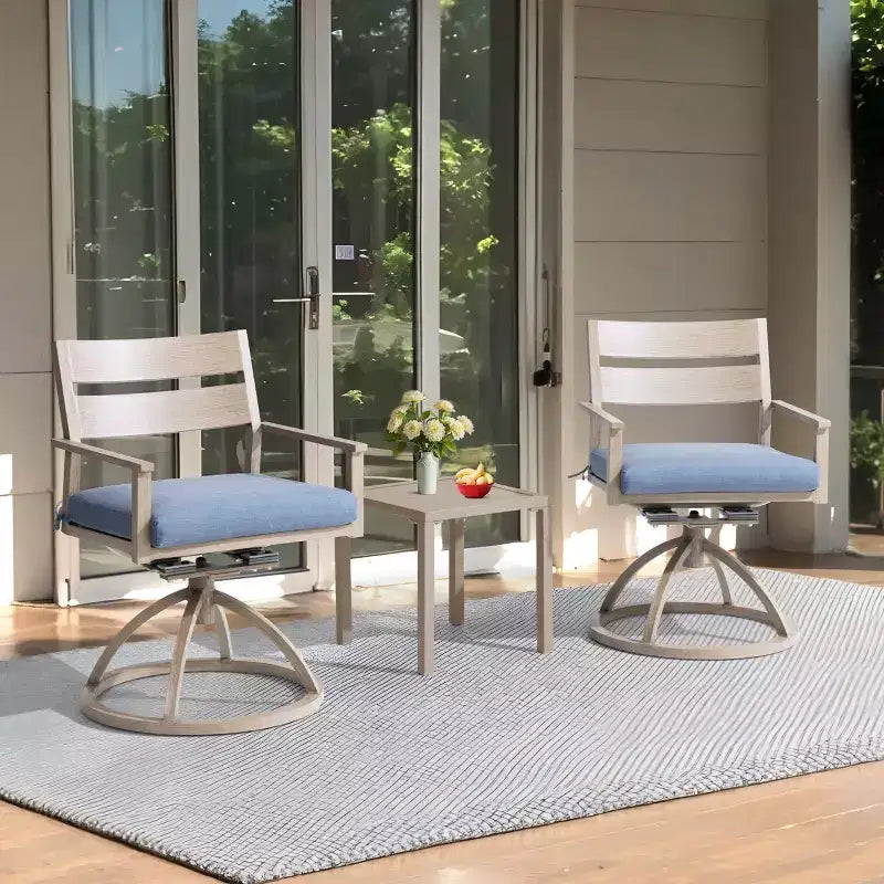 Chaises de salle à manger d'extérieur pivotantes à 360° Crestlive Products Patio 2 pièces, cadre en aluminium, finition grain de bois avec coussin Sunbrella