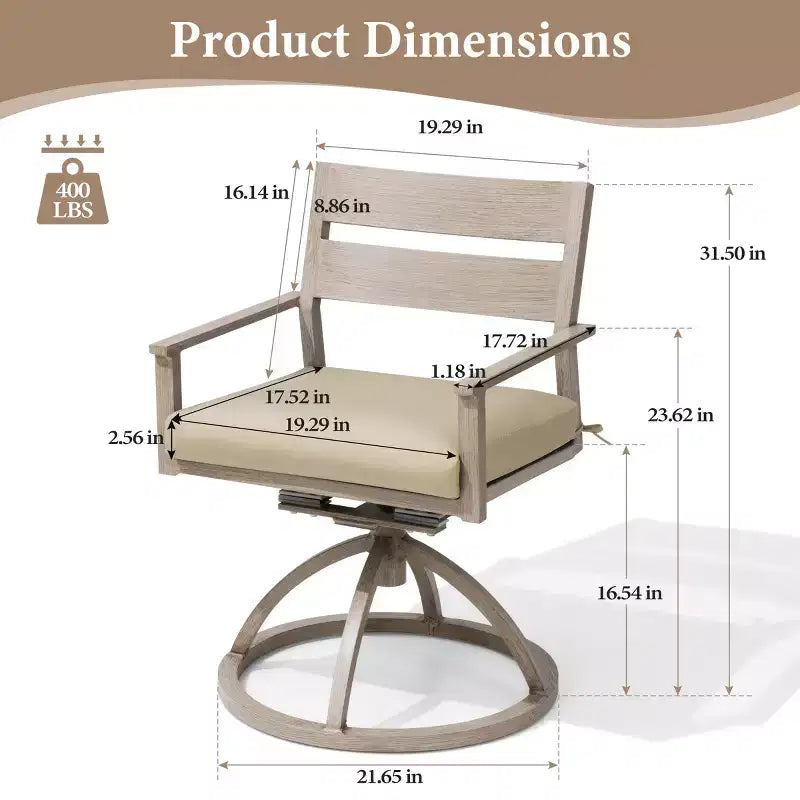 Chaises de salle à manger d'extérieur pivotantes à 360° Crestlive Products Patio 2 pièces, cadre en aluminium, finition grain de bois avec coussin Sunbrella