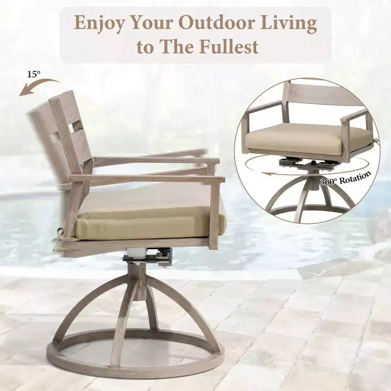Chaises de salle à manger d'extérieur pivotantes à 360° Crestlive Products Patio 2 pièces, cadre en aluminium, finition grain de bois avec coussin Sunbrella