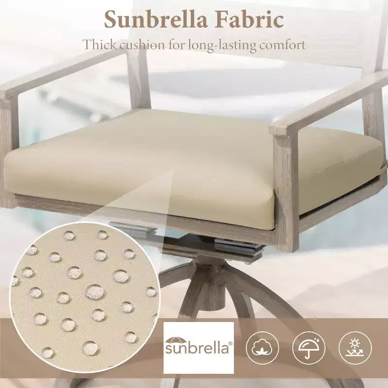Chaises de salle à manger d'extérieur pivotantes à 360° Crestlive Products Patio 2 pièces, cadre en aluminium, finition grain de bois avec coussin Sunbrella