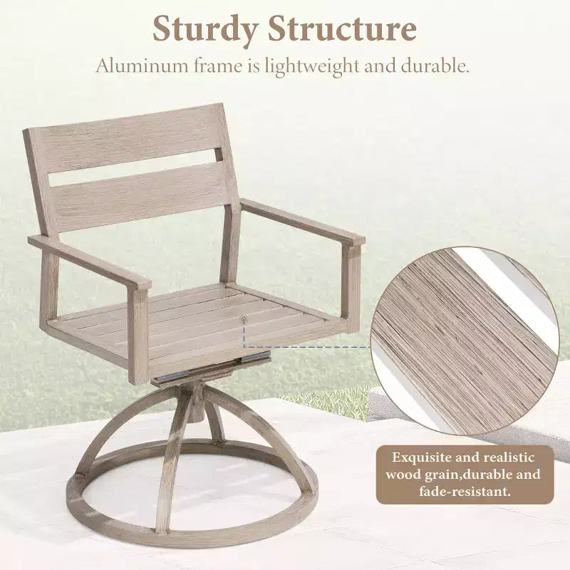 Chaises de salle à manger d'extérieur pivotantes à 360° Crestlive Products Patio 2 pièces, cadre en aluminium, finition grain de bois avec coussin Sunbrella