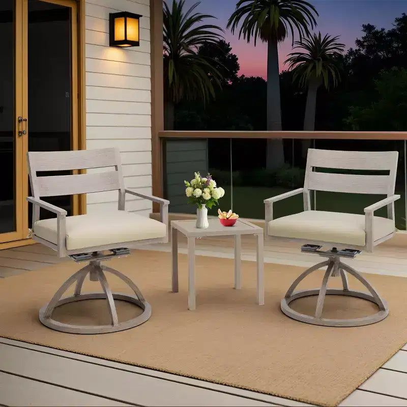Chaises de salle à manger d'extérieur pivotantes à 360° Crestlive Products Patio 2 pièces, cadre en aluminium, finition grain de bois avec coussin Sunbrella