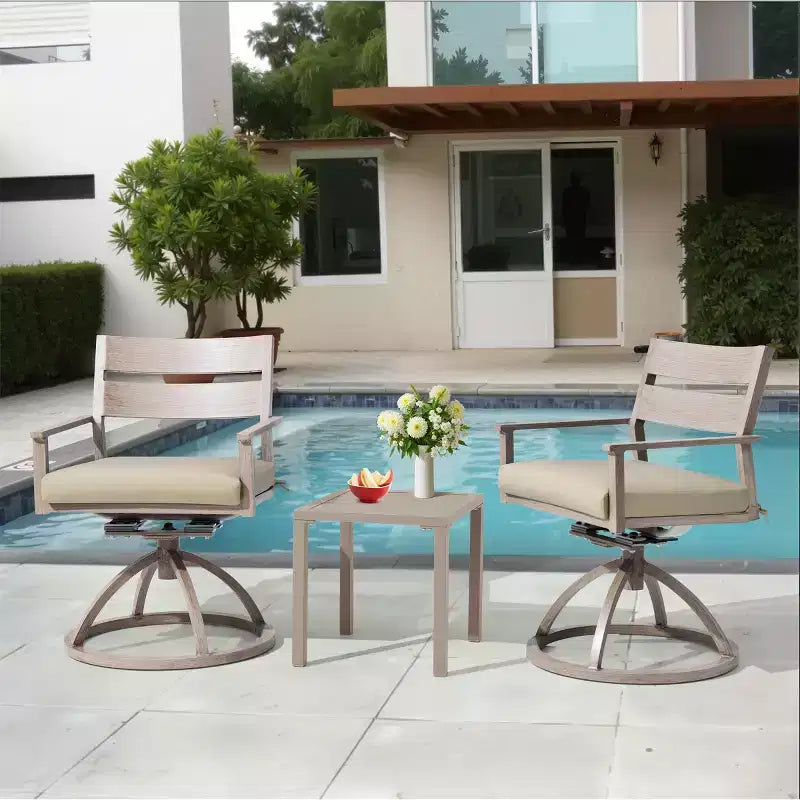 Chaises de salle à manger d'extérieur pivotantes à 360° Crestlive Products Patio 2 pièces, cadre en aluminium, finition grain de bois avec coussin Sunbrella