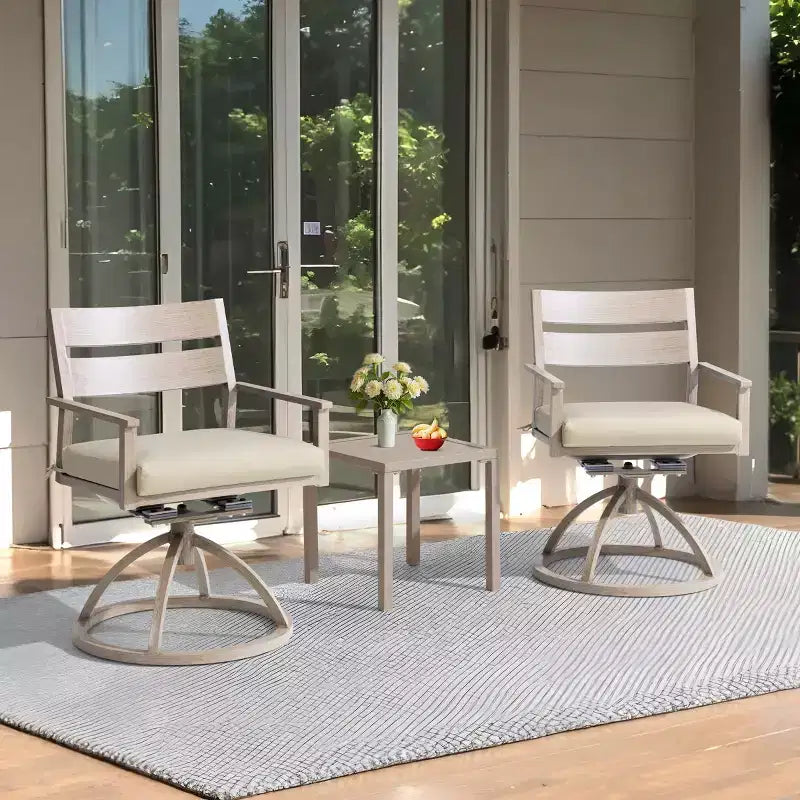 Chaises de salle à manger d'extérieur pivotantes à 360° Crestlive Products Patio 2 pièces, cadre en aluminium, finition grain de bois avec coussin Sunbrella