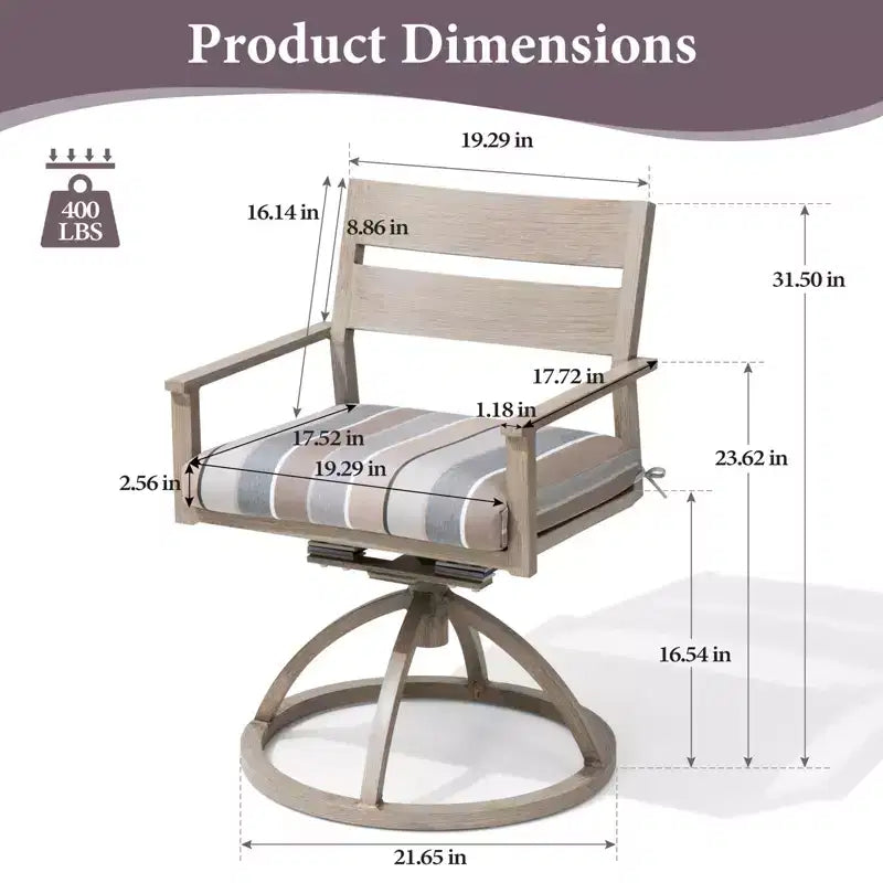 Chaises de salle à manger d'extérieur pivotantes à 360° Crestlive Products Patio 2 pièces, cadre en aluminium, finition grain de bois avec coussin Sunbrella