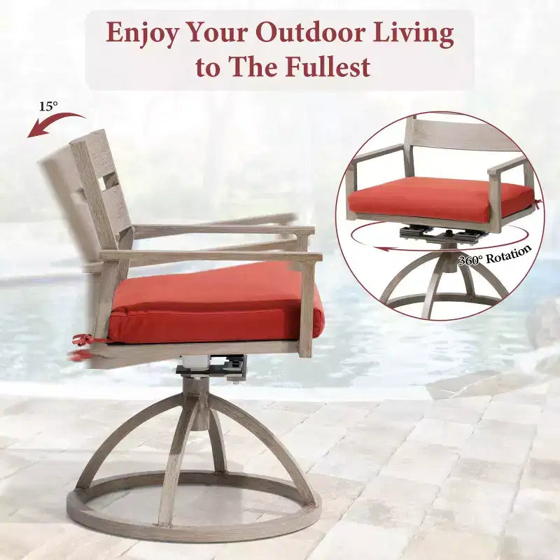 Chaises de salle à manger d'extérieur pivotantes à 360° Crestlive Products Patio 2 pièces, cadre en aluminium, finition grain de bois avec coussin Sunbrella